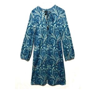 Vintage 60s French Paisley Wool Blend Knit Tie Neck Dress Blue S/M